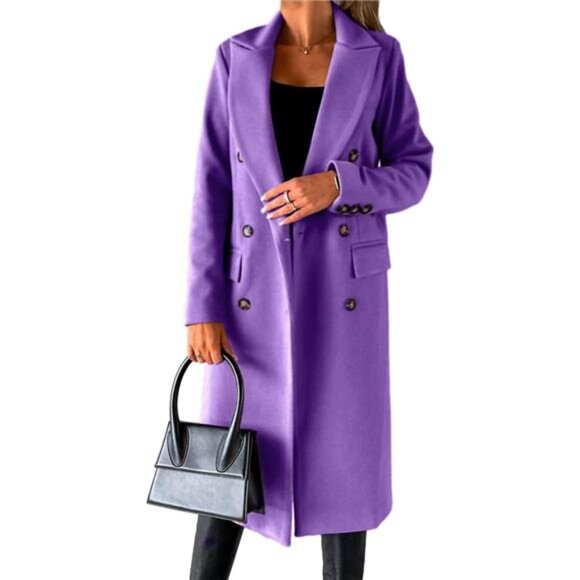 Womens Long Wool Coat Double Breasted Trench Coat Purple - Picture 1 of 4